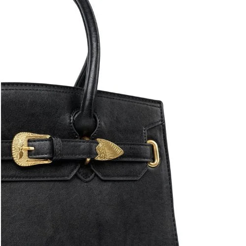 Black handbag with decorative gold buckle