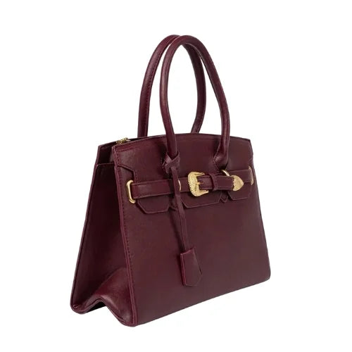 Burgundy handbag with decorative gold buckle