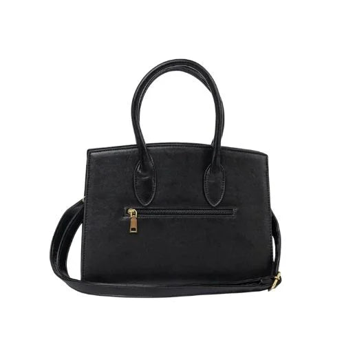 Black handbag with decorative gold buckle