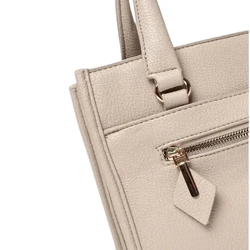 Peach And Pockets Beige Satchel Handbag with Stylish Decorative Zipper