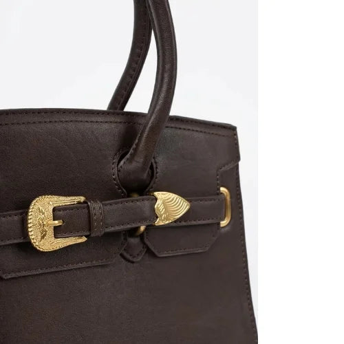 Dark Brown handbag with decorative gold buckle