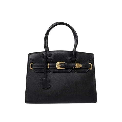Black handbag with decorative gold buckle