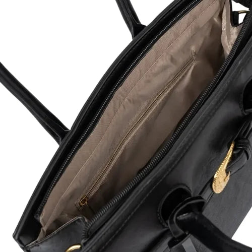 Black handbag with decorative gold buckle