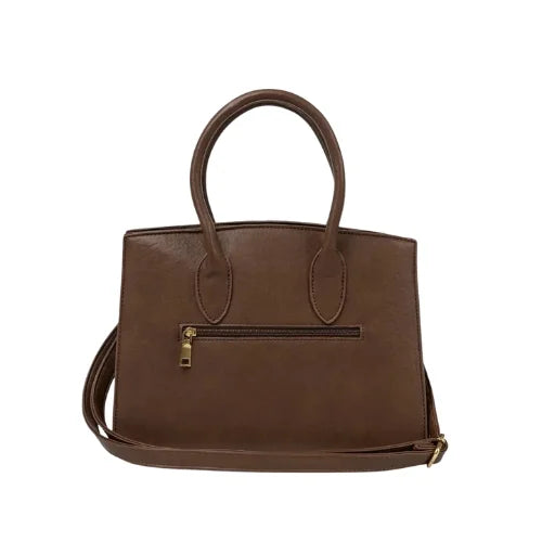 Brown handbag with decorative gold buckle