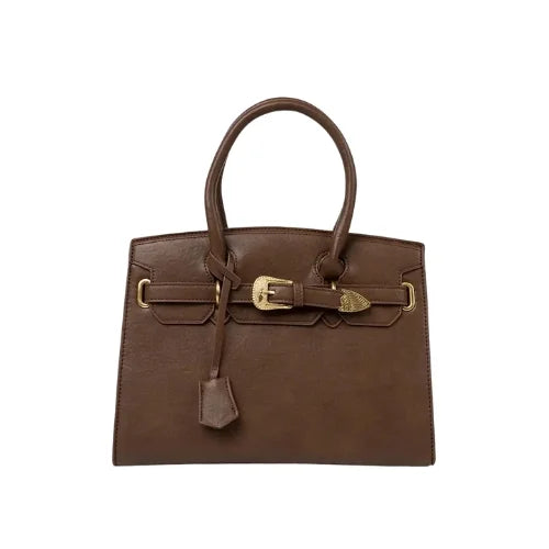 Brown handbag with decorative gold buckle