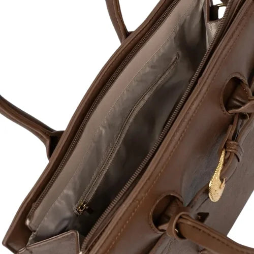 Brown handbag with decorative gold buckle