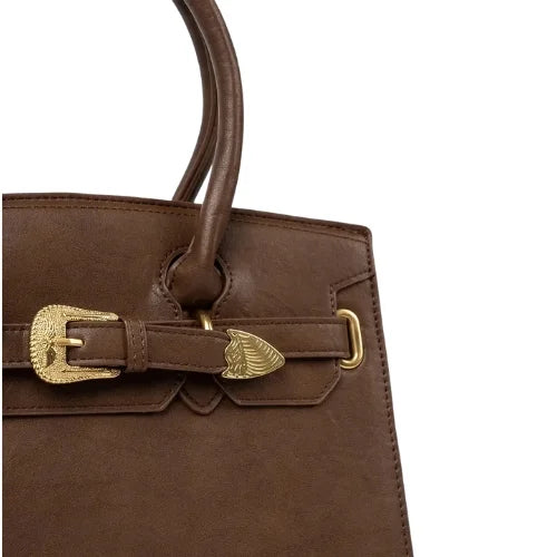 Brown handbag with decorative gold buckle